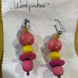 Handcrafted Pink, Yellow and Coral Wooden Bead Earrings